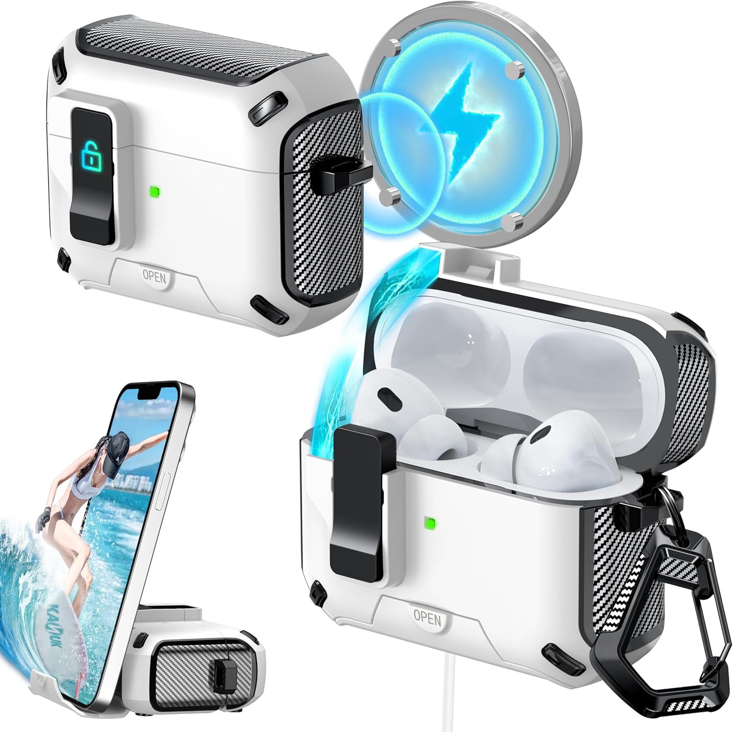 RFUNGUANGO for Airpods Pro1/2 Case 2024 Latest Multi Functional Earphone Case Bracket Function Magsafe Function anti Fall Lock Automatic Open Cover 2024 A+Series-White