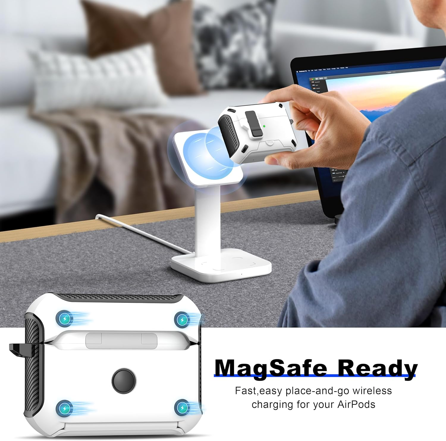 RFUNGUANGO for Airpods Pro1/2 Case 2024 Latest Multi Functional Earphone Case Bracket Function Magsafe Function anti Fall Lock Automatic Open Cover 2024 A+Series-White - Image 4